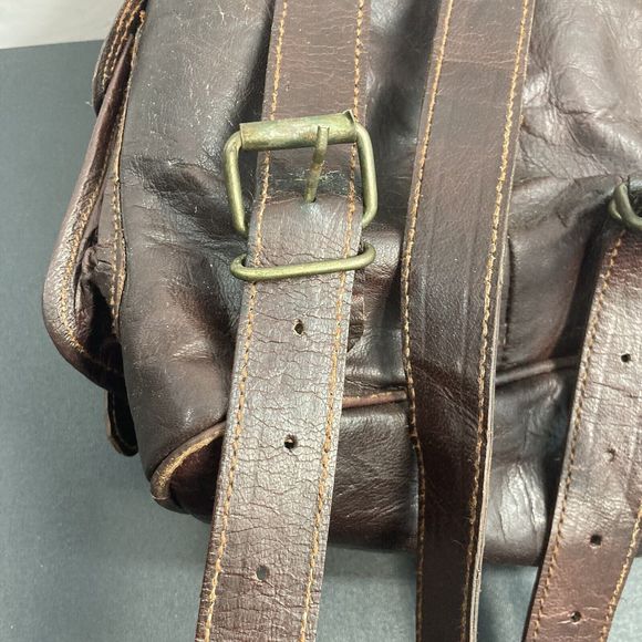 Genuine Leather Backpack Purse Pockets Adjustable Drawstring Buckle Brown Soft - Picture 12 of 14